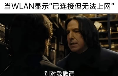 这是一张幽默梗图，上方文字为"当WLAN显示'已连接但无法上网'"，下方是电影《哈利·波特》中斯内普教授的截图，配有台词"别对我撒谎"。图片通过将常见的网络故障问题与斯内普教授怀疑的表情结合，幽默地表达了用户面对Wi-Fi显示已连接却无法上网时的无奈与怀疑情绪。