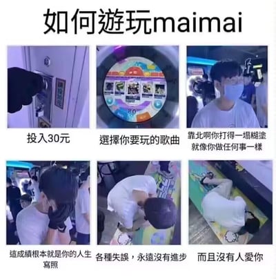 这是一张六格连环搞笑梗图，恶搞街机音舞游戏maimai（舞萌）的游玩流程：第一格展示往游戏机投30元的操作，第二格是maimai游戏机的选曲界面，提示选择要玩的歌曲，第三格是戴口罩的男性玩家，配文吐槽玩家打得一塌糊涂就像做任何事的状态；第四格玩家捂脸露出沮丧神情，配文称成绩就是人生的写照，第五格玩家弯下腰，配文吐槽游玩时各种失误永远没有进步，第六格玩家直接躺倒在地上，配文进一步吐槽“而且没有人爱你”，整体用夸张扎心的自嘲式吐槽，把玩音游发挥不佳的感受延伸到人生层面，制造出荒诞搞笑的效果。