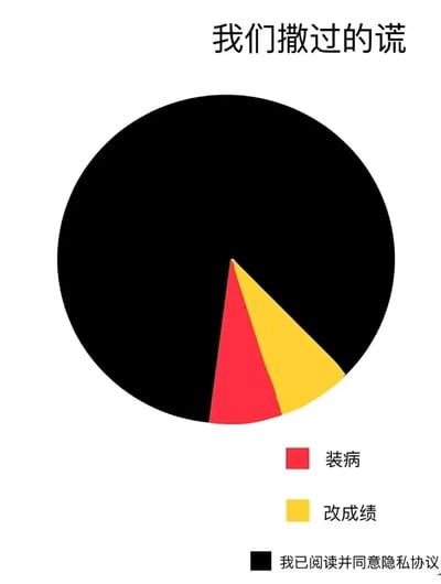 这是一张以“我们撒过的谎”为标题的趣味饼图，通过饼块占比的强烈反差制造幽默效果。饼图分为三个部分：占比绝对多数的黑色部分代表“我已阅读并同意隐私协议”，暗指绝大多数用户在点击同意隐私协议时并未真正阅读，这是一个大众心照不宣的“谎言”；红色小部分代表“装病”，黄色小部分代表“改成绩”，这两类是人们生活中可能撒过的小谎，占比极低。整张图用夸张的视觉对比，调侃了日常中普遍存在的虚假行为，容易引发大众共鸣。