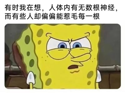 图片上方配有文字“有时我在想，人体内有无数根神经，而有些人却偏偏能惹毛每一根”，表达了对总能惹怒自己的人的无奈与愤怒。下方是卡通角色海绵宝宝的截图，他眉头紧锁，双眼瞪大，嘴角下撇，露出明显的愤怒和不耐烦表情，整体形成一个用于吐槽他人惹人生气的表情包。