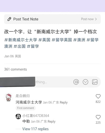 这是小红书平台上的一则趣味互动帖子，楼主发起话题：「改一个字，让“新南威尔士大学”掉一个档次」，引发众多网友参与评论。
其中高赞评论将校名里的“新”替换成“河”，变成「河南威尔士大学」，利用国内地名“河南”的接地气属性，让原本的澳洲顶尖名校瞬间充满本土野鸡大学的既视感，玩了地名替换的文字梗，反差感拉满十分搞笑。另有评论“中勒”，简化校名制造反差感。帖子发布于2024年1月6日，标注地点为英国，已有361条评论。