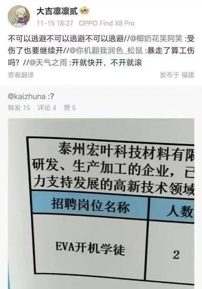 图片上半部分是社交媒体用户“大吉凛凛贰”的发帖内容，重复三次“不可以逃避”并@多位网友互动，包含“受伤了也要继续开”“暴走了算工伤吗”等职场吐槽评论；下半部分为泰州宏叶科技材料有限公司的招聘启事截图，显示“EVA开机学徒”岗位招聘2人。整体通过严肃的招聘信息与情绪化的“不可以逃避”文本形成对比，幽默展现职场压力下的无奈与自嘲。
