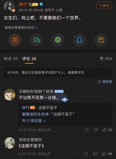 这是微博认证用户林竹在2024年5月20日08:49于上海发布的一条动态，内容为“女生们，向上吧，不要跟他们一个世界。谢谢你尊重我的劳动:)”，呼吁女性自我提升。该动态获得65次转发、26条评论、664个赞，页面提示博主30天内已拉黑8位恶意评论用户。评论区中，粉丝“无聊的时候刷个微博”留言“不沾男不花男一分钱。”，博主回复“这倒不至于”，这条回复被其他用户“铭铭在意随你”以《这倒不至于》玩梗重复，形成趣味互动。
无谐音梗、双关或暗示内容。