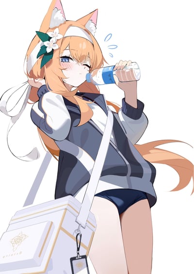 Anime-style illustration of a cute fox girl with orange hair, fox ears, and a flower accessory drinking water from a bottle. She has blue eyes, is blushing slightly, and has a small sweat drop indicating mild embarrassment. She's wearing a dark blue and white tracksuit jacket with matching shorts, and carrying a white bag with "Sprint" visible on it. The background is plain white, making the character the clear focus.