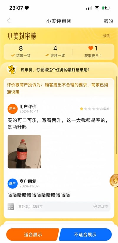 这是一张竖屏手机屏幕截图，展示的是「小美评审团」的评审任务界面。界面顶部黄色区域显示评审员的评审数据：8次结果一致、4次连续一致，还有1个爱心可点击「获取更多」。下方是具体评审任务：一条用户的一星评价被商户投诉，投诉理由为「顾客提出不合理的要求，商家已沟通说明」。用户于2024-10-11发布一星评价，称购买的两升装可口可乐有一大截是空的，质疑容量不足，并附上了可乐瓶的实拍照片；商户则在2024-11-07回复了一串无意义的「哈哈哈哈哈哈哈哈哈哈哈哈哈哈」。界面底部设有「适合展示」和「不适合展示」两个选项，供评审员判断该争议评价是否适合在平台保留展示。