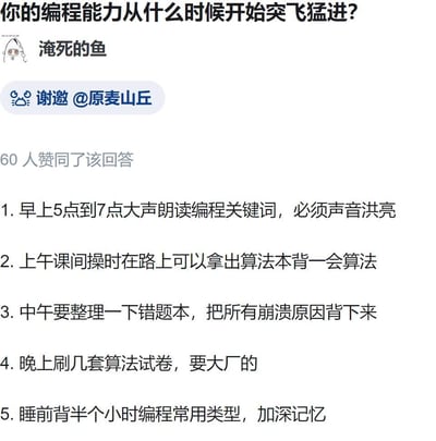 这是一张模仿知乎问答界面制作的搞笑梗图，针对「你的编程能力从什么时候开始突飞猛进？」的问题，用户「淹死的鱼」给出了一套从早到晚的高强度应试式学习计划：早上5-7点大声朗读编程关键词、课间操路上背算法、中午整理错题本背崩溃原因、晚上刷大厂算法试卷、睡前背编程常用类型。这套计划用应试教育死记硬背的方式来安排编程学习，完全违背编程学习需要理解和实践的逻辑，是对错误学习方法的反讽调侃，充满搞笑夸张的气质。