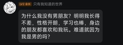 一张社交媒体消息截图，左侧为卡通头像（LV2会长），用户名为'只有我知道的世界'。右侧文字气泡内容为：'为什么我没有男朋友？明明我长得不差，性格开朗，学习也棒，身边的朋友都喜欢和我玩。难道就因为我是男的吗？' 内容通过性别反转制造幽默效果，属于自嘲式搞笑梗图。