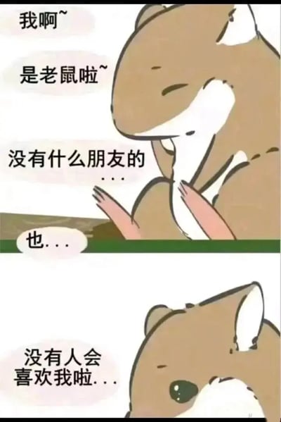 一张两格连环卡通图，主角是一只棕色身体、白色胸口和内耳的小老鼠。上格中老鼠低头双手交握，配文“我啊~ 是老鼠啦~ 没有什么朋友的...”；下格为老鼠特写，大眼睛流露悲伤，继续说“没有人会喜欢我啦...”。整体氛围忧郁，通过小动物的自白表达孤独感。