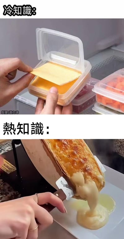这是一张上下拼接的反差梗图，上方标注「冷知識：」，展示了用带翻盖的保鲜盒整齐收纳芝士片、方便抽取的实用厨房技巧；下方标注「熱知識：」，则呈现了切开后流出浓郁芝士内馅的炙烤芝士美食画面。<br>通过「冷知识（实用收纳）」与「热知识（美味吃法）」的强烈反差，调侃吃货群体更关注芝士的美味吃法，而非收纳技巧，充满趣味。
