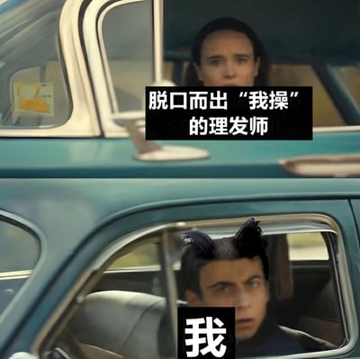 图片为上下对比的双 panel 结构，均为汽车内场景。上半部分中，一名女性从车窗探出头，表情担忧，配文“脱口而出‘我操’的理发师”；下半部分中，一名男性坐在驾驶座，头发被 P 成凌乱的黑色尖刺状，表情震惊，配文“我”。通过理发师的本能反应与顾客糟糕的发型形成幽默对比，调侃理发失败的尴尬经历。