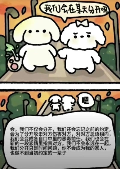 这是一幅上下分栏的连环漫画，画面呈现两只可爱的白色卡通小狗在傍晚的户外步道上散步，左边小狗身挎带植物的小挎包，右边小狗戴着蝴蝶结。上方画面里，戴蝴蝶结的小狗带着忧虑的神情问出「我们会在某天分开吗」；下方画面中两只小狗背对镜头，给出的回答无比扎心，直白地说出亲密关系走向破裂的常见结局：忘记约定、互相攻击、成为恶毒前任，戳中了很多人对亲密关系的焦虑和恐惧。