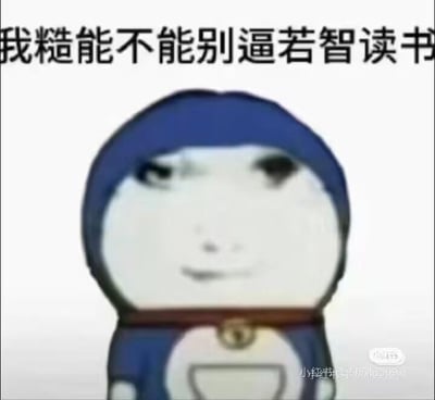 这是一张网友二次创作的情绪宣泄类表情包，将经典动漫《哆啦A梦》的身体与带有烦躁、无奈神情的人脸合成，图片上方配有文字“我糙能不能别逼若智读书”，其中“若智”是“弱智”的谐音，用自嘲的口吻表达了被强迫读书的抗拒与烦躁情绪，风格搞怪接地气，精准戳中不想学习却被逼迫的群体的心声，适合用于社交平台吐槽或聊天时宣泄情绪。