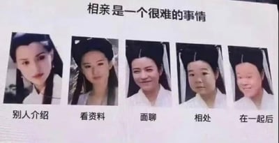 这张图通过五张人物照展示了相亲的五个典型步骤：别人介绍、看资料、面聊、相处、在一起后，表达每一步认识和深入过程中主观感受的变化。图片配有简洁的文字描述。整体意思为：相亲每个阶段都各有各的难点，形象和实际认识差距明显，有一定的戏谑意味。

有明显的带有“图文反差梗”色彩，通过人物形象的变化映射现实中的心理落差。