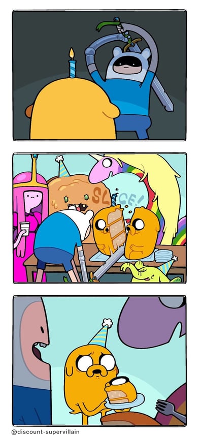 这是一幅三格连环恶搞漫画，改编自动画《探险活宝》。第一格中，芬恩戴着头盔举着剑，将背过身、形态看起来像生日蛋糕的杰克当成了生日蛋糕，杰克头顶还插着一根点燃的蜡烛；第二格中，芬恩已经将杰克切成两半，杰克的身体中间露出类似蛋糕的夹层，周围的泡泡糖公主、彩虹独角兽等角色在旁围观，背景的蛋糕上写着“SLICE!”；第三格中，芬恩露出震惊的表情，杰克则一脸无奈地拿着被切下来的自己的“切片”，利用杰克可变形的角色设定制造出荒诞搞笑的剧情。