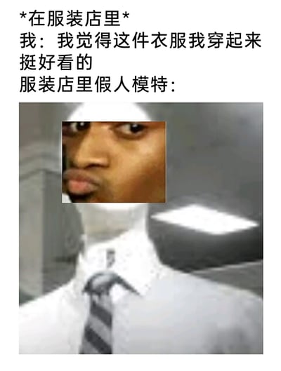 这是一张搞笑的P图梗图，模拟了在服装店内的场景：当“我”表达自己觉得某件衣服穿起来好看时，服装店的假人模特被P上了一张斜眼噘嘴、满脸嫌弃的真人脸，通过拟人化的嫌弃表情制造反差感，仿佛模特在质疑“我”的审美，精准戳中人们在购物时偶尔自我怀疑的搞笑瞬间，充满了戏谑的幽默感。