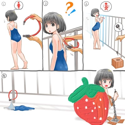 这是一则四格原创卡通连环漫画，讲述了充满无厘头笑点的误会事件：
1. 第一格：穿水蓝色泳衣的短发女孩背身站在栏杆旁，有人手持红色钢丝锁，想法是将女孩当作“锁具目标”；
2. 第二格：锁被挂在女孩泳衣背带与栏杆之间，女孩转头露出疑惑的表情；
3. 第三格：女孩发现自己被“锁”住，露出焦急的神情，发现钥匙掉在木箱旁，陷入被困的慌张；
4. 第四格：女孩将泳衣脱下套在锁上留在栏杆处，自己躲在巨型草莓道具后，用铁链把自己和木箱锁在一起，留下让人哭笑不得的结局。
漫画的核心笑点在于利用泳衣背带制造“锁人”的视觉错觉，最后女孩脱衣自救的方式完全出人意料，充满无厘头的荒诞感。