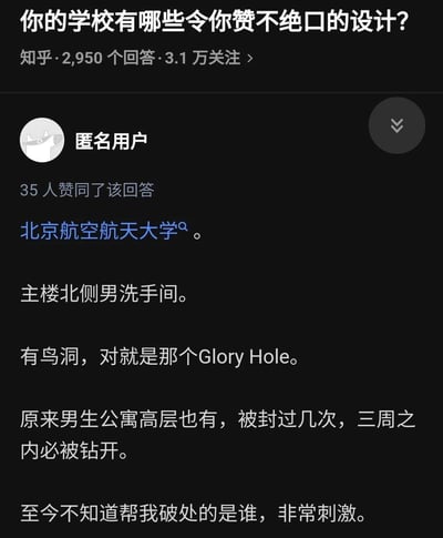 这是知乎问答社区中，针对问题「你的学校有哪些令你赞不绝口的设计？」的一条匿名用户回答截图。回答者自称来自北京航空航天大学，爆料该校主楼北侧男洗手间存在Glory Hole（鸟洞），还提及男生公寓高层也曾有此类设施，被封堵后多次被钻开，同时分享了自己与该设施相关的私密个人经历，该回答获得了35位用户的赞同。