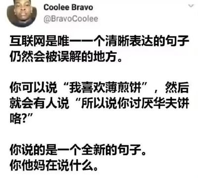这是一张社交媒体截图，内容为用户Coolee Bravo的帖子，吐槽互联网是唯一一个清晰表达的句子仍会被误解的地方。帖子中举例：当你说“我喜欢薄煎饼”，会有人误解为“所以你讨厌华夫饼咯？”，最后以“你他妈在说什么”表达对这种误解的无奈与困惑。