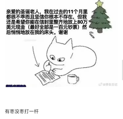 这是一张圣诞主题的搞笑漫画图，画面主体是一只表情略带狡黠的卡通猫，正趴在桌前握笔写信，桌上摆放着一杯饮品，右上角有简笔画圣诞树和拐杖糖作为圣诞元素点缀。图中配文是卡通猫写给圣诞老人的信，内容直白又充满反差：明明自己承认11个月都不乖，还坚信圣诞老人不存在，却理直气壮地索要80万美元现金，还指定了钞票面额和放置方式。图片底部的文字“有枣没枣打一杆”精准概括了这种明知希望渺茫，却仍抱着侥幸心态尝试的滑稽行为，整体风格诙谐幽默，用自我坦白与夸张愿望的反差制造笑点，十分贴合网络趣味内容的调性。