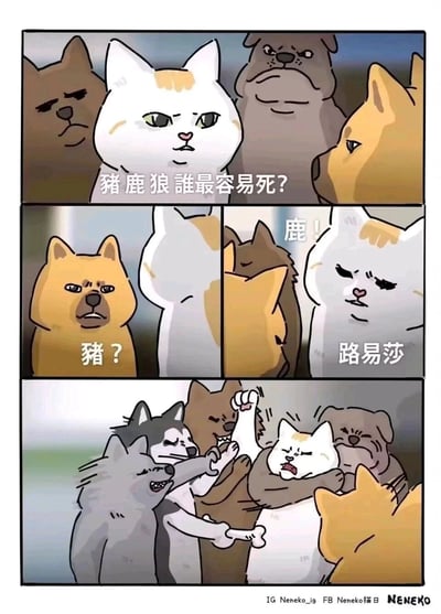 这是一幅由三格组成的原创卡通搞笑漫画，第一格中一只白橘猫表情严肃地向周围的几只猫狗提问：“猪鹿狼 誰最容易死？”；第二格中黄狗疑惑地试探回答“豬？”，白橘猫否定后给出“鹿！”的答案，随即揭晓真正的答案是“路易莎”，利用“路易杀（鹿易死）”的谐音制造冷笑话；第三格中，其他几只猫狗因这个冷笑话感到无语又愤怒，一起群殴白橘猫，用夸张的动作表现出这个冷笑话的“冷”度，增添搞笑效果。