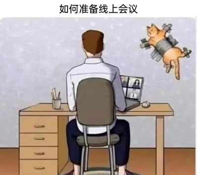 图中展示了一个幽默场景：一名男性坐在办公桌前，背对着观众使用笔记本电脑参加线上会议，电脑屏幕上显示着多个参会者的视频画面。他右侧的墙上，一只橘猫被胶带以四肢张开的姿势固定着，形成一种滑稽的“准备措施”。标题“如何准备线上会议”与猫咪被固定的荒诞画面形成反差萌，用夸张手法调侃线上会议中可能出现的意外干扰（如宠物闯入），带有明显的职场幽默风格。