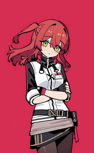 这是一张风格化二次元卡通插画，描绘了手游《明日方舟》中的干员红豆。角色有着红棕色卷发，一侧扎成俏皮的小揪，黄绿色眼眸带着茫然的神情，双臂交叉抱在胸前，脸颊泛着淡粉红晕。她身着带有罗德岛标识元素的工装制服，搭配黑色手套与装饰性腰带，背景为纯粹的深红色，简洁的画风强化了角色线条感，整体呈现出角色略带拘谨又软萌的气质。