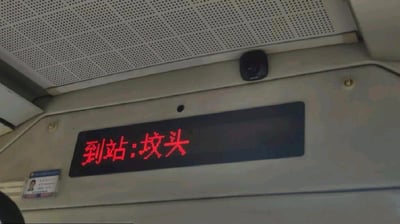 这是一张在公交车内部拍摄的实拍图，车内的电子显示屏以红色点阵字体显示“到站:坟头”。“坟头”作为公交站点名，因字面含义带有特殊的联想性，和日常公交出行的普通场景形成反差，显得格外有趣，容易让看到的人感到意外和好笑。图片左下角还贴有一张带有人像的证件，推测是公交车驾驶员的从业相关证件，整体场景是常规的公交内部环境，却因少见的特殊站名成为视觉亮点。