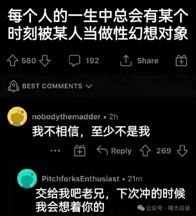 这是一张Reddit平台的帖子截图，主帖提出观点“每个人的一生中总会有某个时刻被某人当做性幻想对象”。一位网友评论“我不相信，至少不是我”，流露出自我否定的情绪，随后另一位网友回复“交给我吧老兄，下次冲的时候我会想着你的”，用一种幽默的方式回应了这位网友的不自信，形成了反差感拉满的搞笑互动，戳中了很多人觉得自己不受关注的心理。