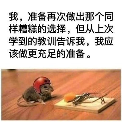 图片上半部分为黑色文字：“我，准备再次做出那个同样糟糕的选择，但从上次学到的教训告诉我，我应该做更充足的准备。” 下半部分是一只戴着红色头盔的老鼠，正站在木质桌面上的捕鼠夹旁，捕鼠夹上放有奶酪。图片通过文字与图像的幽默结合，调侃人们明知是错误选择却仍要重复，但会做些表面准备的自嘲场景。