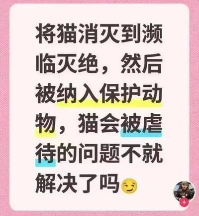 图片为粉色背景的社交媒体帖子截图，主体内容为一段逻辑荒谬的文字：“将猫消灭到濒临灭绝，然后被纳入保护动物，猫会被虐待的问题不就解决了吗😉”。文字中“保护动物”四字被黄色高亮，“虐待”二字被蓝色高亮，结尾带有一个眨眼表情符号。右下角有一个圆形用户头像图标，整体风格类似社交媒体上的争议性言论帖子。