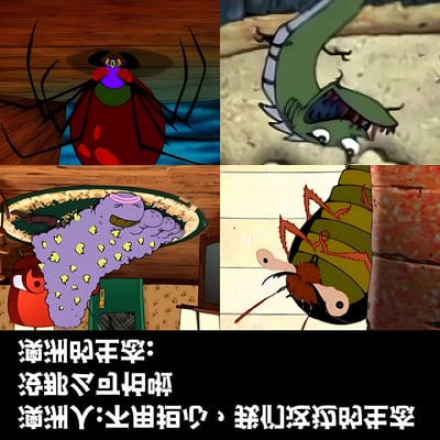 这是一张四格对比漫画，展示了不同类型的夸张昆虫形象。图片底部有两行文字对话，内容为："澳洲怕的虫类：总那么可怕啦"和"澳洲人：不用担心，我们这边的虫类"，通过夸张的昆虫形象来幽默表现澳大利亚野生动物的可怕名声。
