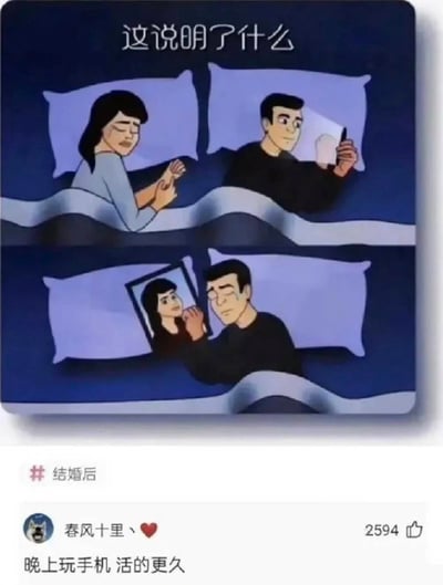 该内容是一张结合了卡通连环图和网友评论的搞笑梗图。上方的卡通图分为上下两格：上格展示夜晚同床共枕的夫妻，妻子闭着眼睛面露难过神色，双手交握，丈夫则侧身举着手机看得十分专注；下格展示妻子已经不在床上，丈夫手持妻子的照片闭眼流泪。卡通图顶部配有文字“这说明了什么”，图下方有话题标签“# 结婚后”，还有网友发布的评论配文“晚上玩手机 活的更久”，用调侃的荒诞逻辑玩梗，暗示熬夜玩手机的人会更长寿，对应图里玩手机的丈夫健在、没玩手机的妻子已经离世的画面，制造搞笑反差效果。