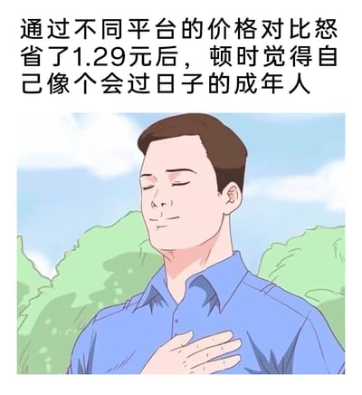 图片上方为黑色文字：'通过不同平台的价格对比怒省了1.29元后，顿时觉得自己像个会过日子的成年人'，下方是一幅卡通插画，画中男子穿着蓝色衬衫，闭眼，右手放在胸前，面带满足微笑，背景为蓝天、白云和绿色树木。整体通过夸张的对比（仅省1.29元却感到成年人的成就感）营造幽默自嘲的效果，反映当代年轻人在日常消费中精打细算的心态。