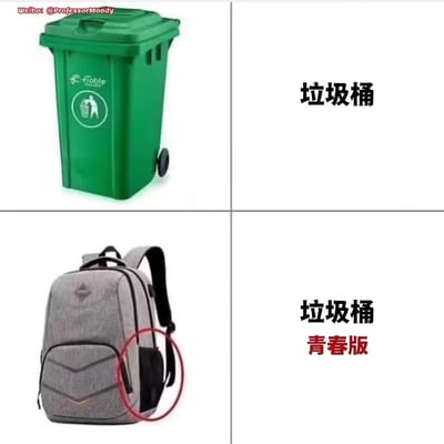 图片为2x2四格拼图，通过幽默对比呈现"垃圾桶"与"垃圾桶青春版"的概念。上半部分左侧是绿色带轮垃圾桶，右侧标注"垃圾桶"文字；下半部分左侧是灰色背包（侧边口袋被红色圆圈标记），右侧标注"垃圾桶 青春版"文字，用年轻化的方式调侃背包像可移动的"青春版垃圾桶"。