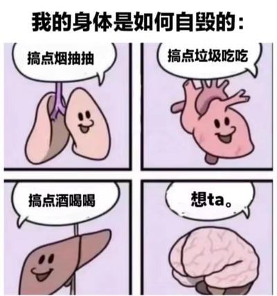 这是一张四格连环卡通漫画，通过拟人化的内脏形象，幽默调侃当代人伤害自身健康的几种常见行为：第一格是面带微笑的肺说出「搞点烟抽抽」，对应抽烟伤肺的不良习惯；第二格是开心的心脏说「搞点垃圾吃吃」，指向高油高盐垃圾食品对心脏的损害；第三格是笑着的肝脏说「搞点酒喝喝」，对应饮酒伤肝的行为；第四格是蜷缩低头、神情低落的大脑说「想ta。」，调侃情绪内耗对精神的消耗。整体用可爱的画风和反差感，自嘲式地展现不良生活习惯与情绪问题对身体的「自毁」影响。