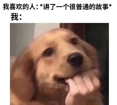 这是一张幽默表达暗恋心情的梗图。图片上方文字写着"我喜欢的人: *讲了一个很普通的故事*"，下方文字"我:"后配上一张金毛犬歪着头、用爪子托着下巴、眼神痴迷地向上看的照片。通过可爱的狗狗表情生动展现了当暗恋对象讲述即使很普通的事情时，自己也会觉得无比有趣和着迷的状态，充满了恋爱中的甜蜜与可爱感。