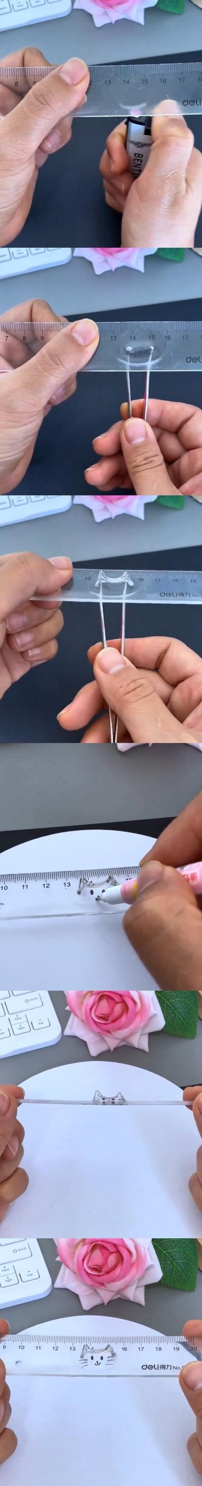 这是一组分步展示的手工教程连环图，详细呈现了改造得力透明塑料尺子的全过程：
1. 第一步用打火机加热尺子的指定位置，使其软化；
2. 第二步用回形针在加热软化处按压出两个凸起的支撑点；
3. 第三步在尺子的支撑点下方位置手绘出小猫的头部图案；
4. 最后通过移动尺子，利用视觉错位原理，让下方纸张上的小猫身体与尺子上的猫头重合，呈现出完整的小猫形象，是一个充满创意的文具改造小手工。