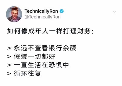 这张图片是一则将海外社交平台推文内容汉化成梗图的表情包，原作者TechnicallyRon以调侃语气总结了成年人理财的恶性循环：从不看银行余额、假装自己一切正常、长期处于恐惧焦虑状态，并陷入反复。这种精炼且荒诞无奈的形式，是典型的成年生活自嘲型幽默，非常能引发打工人群体的共鸣。

整张图语气戏谑诚恳，没有明显谐音或双关，但借用幽默方式真实反映了成年人的理财压力与生活焦虑。