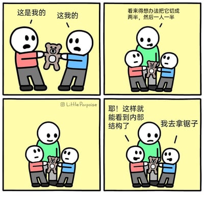 这是一则四格连环卡通漫画，第一格呈现穿红色上衣与蓝色上衣的两个卡通小孩争抢一只棕色小熊玩偶的场景，二人各自叫嚷着玩偶是自己的；第二格中穿绿色上衣的大人介入，提出将小熊切成两半、一人一半的分配方案；第三格中两个小孩露出惊讶的神情；第四格剧情出现反转，两个小孩完全偏离大人的初衷，兴奋地表示要切开小熊看内部结构，蓝衣服小孩还说要去拿锯子，绿衣服大人则露出无奈的表情，整体通过日常场景的反转制造出搞笑的效果。