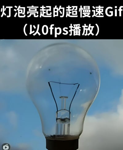 图片上方有白色文字“灯泡亮起的超慢速Gif（以0fps播放）”，下方是一张静态的透明灯泡特写，背景为蓝天白云。通过“0fps播放”的文字制造幽默效果——0fps意味着画面完全静止，与“超慢速Gif”的描述形成反差，实际上只是一张普通静态图片，是对“超慢动作”概念的戏谑调侃。
