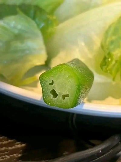 这是一张近距离拍摄的食材特写图，画面主体是一小段被切下的秋葵，其横截面的天然孔洞恰好形成了类似人脸的形态：两个对称的孔洞像委屈下垂的眼睛，下方的孔洞像撇着的嘴巴，整体呈现出难过、委屈的拟人化表情。背景中可以看到白色餐盘里盛放的其他绿色蔬菜，画面聚焦于秋葵截面，突出了这个天然形成的趣味形态，给日常的食材增添了可爱又搞笑的氛围。