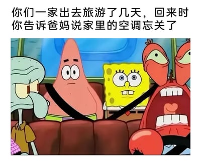 这是一张图文混排的搞笑梗图，上方配文设定场景为“一家出去旅游几天后，回来时告知爸妈家里空调忘关了”，下方使用美国动画《海绵宝宝》的车内场景截图进行演绎：开车的蟹老板对应家长角色，听到消息后大张嘴巴、表情崩溃嘶吼，完美还原了家长得知浪费大量电费时的暴怒状态；坐在后座的海绵宝宝对应告知消息的孩子，面露心虚紧张，一副知道自己闯祸的模样；派大星则是一脸茫然无措，完全没反应过来发生了什么；章鱼哥则是一脸淡定无所谓，仿佛这件事和自己毫无关系。用动画角色的不同神态，精准还原了家庭里出现这种浪费电费的突发状况时，不同成员的典型反应，充满生活化的搞笑感，容易引发观众共鸣。