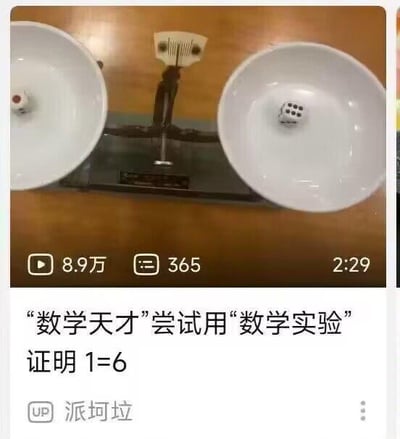图片展示了一个天平实验装置，左侧托盘为空，右侧托盘放置了一个显示数字6的骰子，而天平却处于平衡状态。下方配有文字"数学天才尝试用数学实验证明1=6"，显然是通过视觉错觉或错误实验来制造幽默效果，讽刺那些看似严谨实则荒谬的伪科学证明。