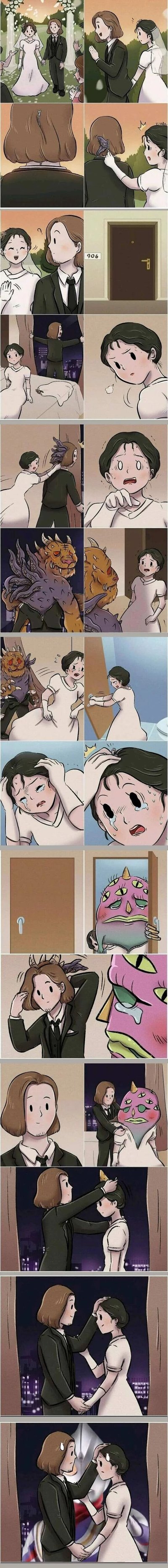 这是一则温情奇幻连环漫画：开篇一对新人正在举办婚礼，新娘无意间发现新郎后颈有个紫色怪物状的凸起，顺手帮他摘了下来，新郎对此毫无察觉。之后二人来到编号为906的新房，夜晚新郎后颈再次出现怪物，这次它还变成了长着兽头的恐怖模样，新娘吓得躲进厕所，这时她发现自己的头上也长出了一个粉色多眼的怪物角。随后新郎找到她，温柔地帮她摘下了头上的怪物，原来两人都有着这样不为人知的“怪物”，在彼此面前可以卸下伪装，互相接纳、彼此治愈，传递出情侣间包容对方不完美的温情内核。