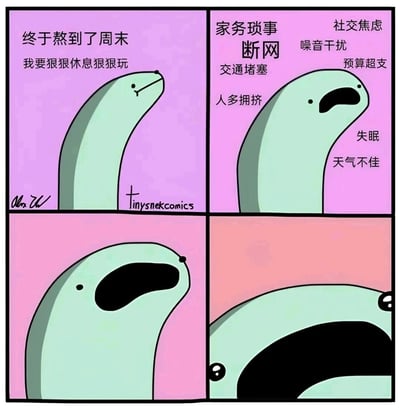 这是一组四格连环卡通漫画，主角是一条浅绿色小蛇，精准描绘了当代打工人对周末的期待与现实的巨大落差：第一格中小蛇带着憧憬的表情，满心期待“终于熬到了周末 我要狠狠休息狠狠玩”；第二格中，围绕小蛇出现了一堆破坏周末的糟心事，包括家务琐事、断网、交通堵塞、人多拥挤、社交焦虑、噪音干扰、预算超支、失眠、天气不佳，小蛇的神态开始变得沮丧；第三格中小蛇嘴巴大张，呈现出崩溃的状态；第四格中小蛇彻底被打击，身体蜷缩、嘴巴大张，完全陷入绝望，戳中了很多人周末被各类烦心事毁掉的情绪共鸣点。