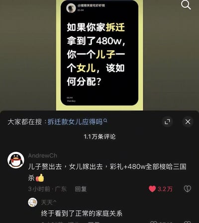 这张截图是国内某社交平台的内容，上方是用户@猪猪侠爱吃虾虾粥发布的提问：“如果你家拆迁拿到了480w，你一个儿子一个女儿，该如何分配？”，下方关联搜索词条为“拆迁款女儿应得吗”，该提问共有1.1万条评论；其中高赞评论来自用户AndrewCh，调侃称“儿子赘出去，女儿嫁出去，彩礼+480w全部梭哈三国杀👍”，该回复获得3.2万点赞，下方另一名用户“天天^”跟评表示“终于看到了正常的家庭关系”，用跳脱常规讨论逻辑的玩梗方式，避开了常见的家庭财产分配、重男轻女等争议性话题，笑点十足。