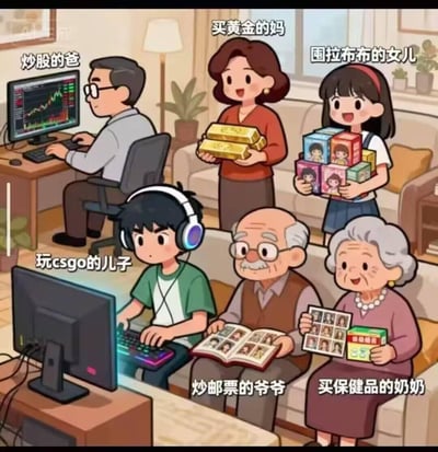 这是一幅AI生成的卡通家庭场景插画，展现了一家六口各有侧重的爱好：爸爸专注于电脑前炒股，妈妈抱着金条热衷于买黄金，女儿兴奋地抱着多盒拉布布盲盒囤货，儿子戴着耳机沉浸在CSGO游戏中，爷爷翻看邮票册炒邮票，奶奶则拿着保健品和老照片，生动呈现了不同代际的兴趣差异，画面温馨又充满生活趣味，没有双关或谐音梗。