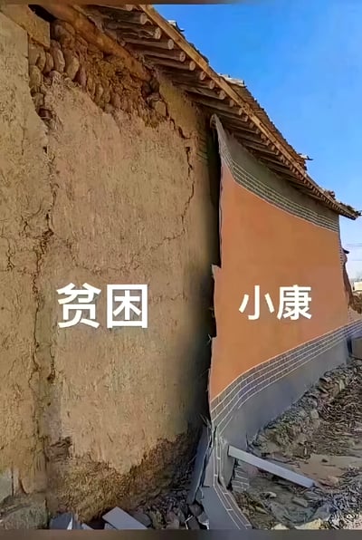 图片展示了一面被分割的墙体，左侧是布满裂缝、斑驳破旧的土黄色土墙，墙面上清晰可见“贫困”二字；右侧则是经过翻新、颜色鲜亮的橙红色墙面，标注着“小康”。通过左右两侧墙体的新旧、破损与完好的强烈对比，直观呈现了贫困与小康两种生活状态的差异。