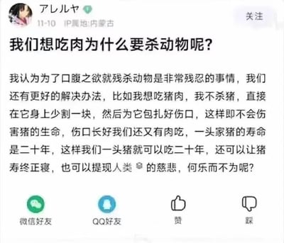 社交媒体用户“アレルヤ”发布的帖子，提出“想吃肉为什么要杀动物”的疑问，进而建议通过在猪身上割肉后包扎伤口，实现“一头猪吃二十年”的荒谬想法，声称此举体现人类慈悲。内容充满讽刺意味，引发对饮食观念的讨论。
