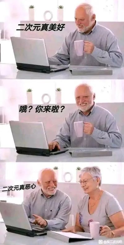 这是一组由三张图片组成的连环梗图，展现了老年男性的双标行为：
1. 第一张图中，老年男性独自坐在桌前看着笔记本电脑，面带微笑，配文“二次元真美好”，看起来十分享受当下的内容；
2. 第二张图里，他察觉到有人靠近，转头露出笑容，配文“哦？你来啦？”，同时手部向电脑移动，似乎准备切换界面；
3. 第三张图中，老年女性坐在他身旁，老年男性指着电脑，配文“二次元真恶心”，脸上依旧保持着笑容。
该梗图通过强烈的反差感，讽刺了那些私下喜爱某类事物，却在特定对象面前刻意贬低它的双标行为，图中没有双关、谐音梗等内容。